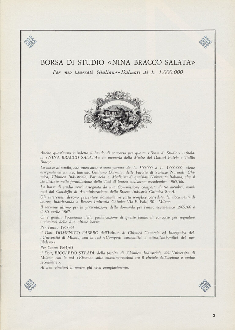 Bando di concorso per una borsa di studio intitolata a "Nina Bracco Salata", 1967