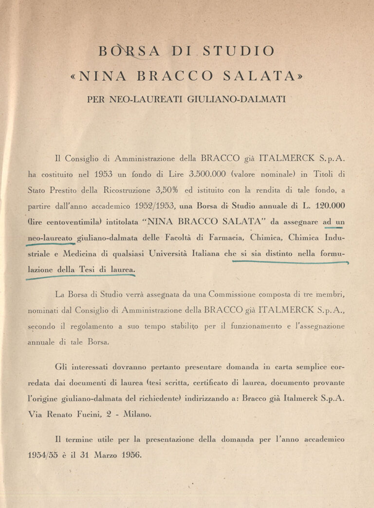 Bando di concorso per una borsa di studio intitolata a "Nina Bracco Salata", 1956