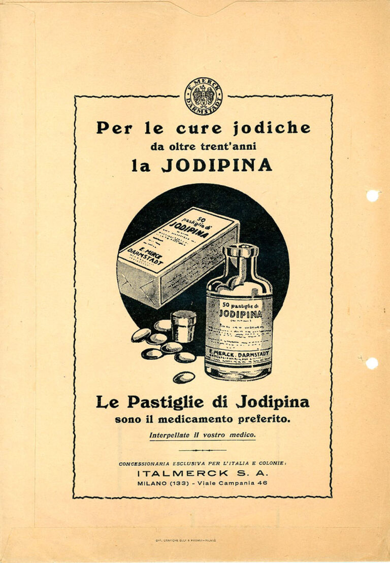 Busta con la pubblicità della Jodipina e dello Sciroppo Merck, anni '30
