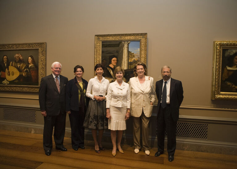 Earl A. Powell III (Director, National Gallery of Art)
Mrs. Nancy Powell (wife of Mr. Powell) 
Mrs. Leila Castellaneta (wife of the Italian ambassador) and
First Lady, Mrs. Laura Bush 
Mrs. Diana Bracco (Chairman and Chief Executive Officer, Bracco Group) and
David Alan Brown (Curator of Italian and Spanish Painting, National Gallery of Art)
In front of Sebastiano del Piombo, Ferry Carondelet and His Secretary, c. 1512/1513. Museo Thyssen-Bornemisza, Madrid
© 2006 Board of Trustees, National Gallery of Art, Washington
Photo by Lee Ewing