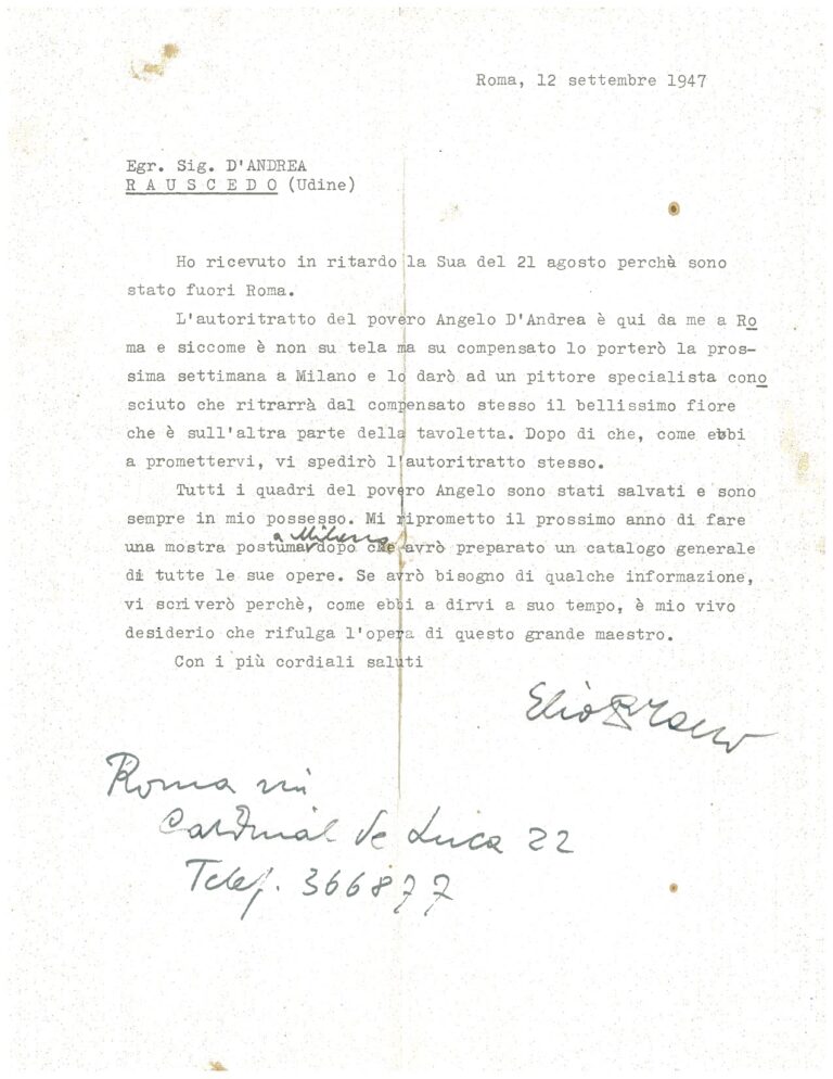 Letter from Elio Bracco confirming possession of paintings by Angiolo D'Andrea, Rome, 12 September 1947