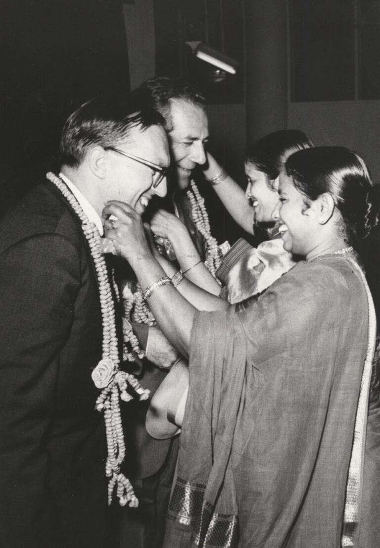 Ernst Felder and Fulvio Bracco being greeted in India during a business trip, 1964