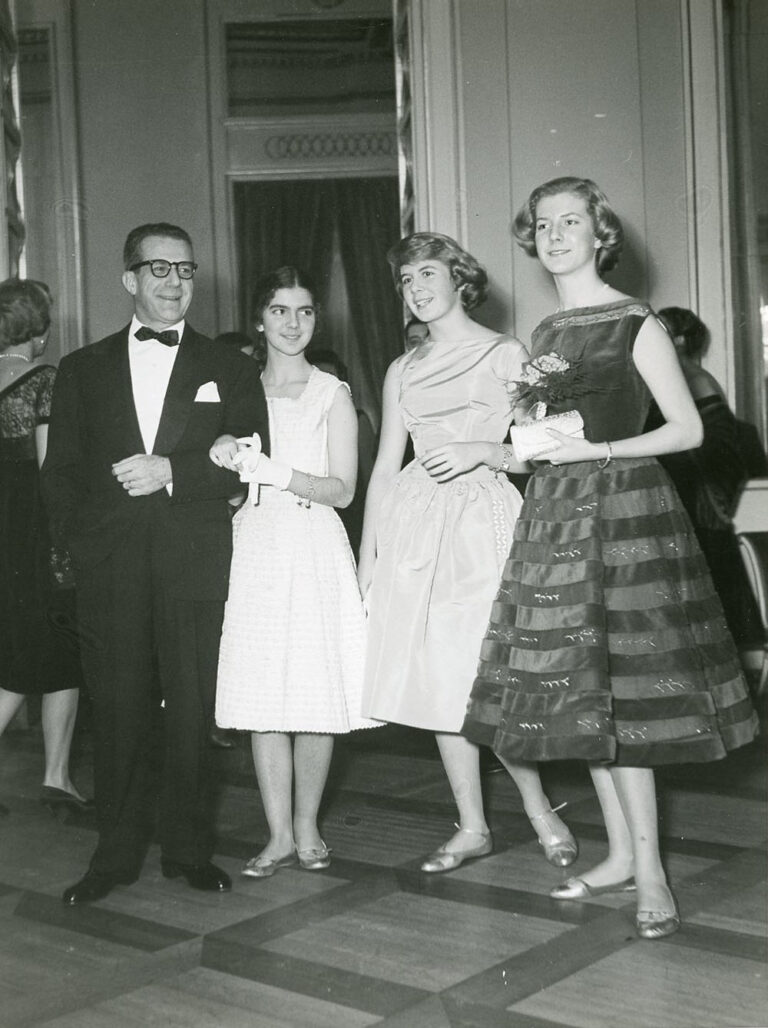 Fulvio Bracco and his daughters, Gemma, Adriana and Diana, at opening performance at La Scala in Milan, second half 1950s