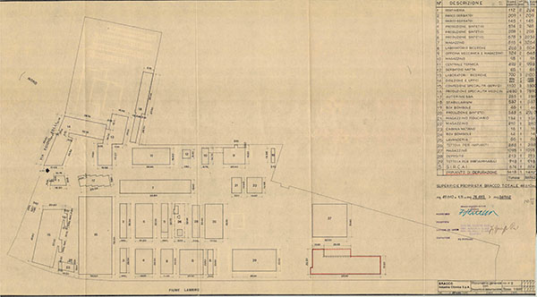 Planimetria generale dello stabilimento Bracco a Milano Lambrate con l'impianto di depurazione, 29 maggio 1972