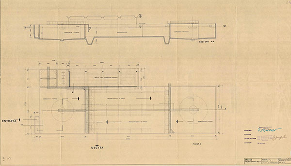Plan and cross section of water treatment works of Bracco plant in Milano Lambrate, 29 May 1972