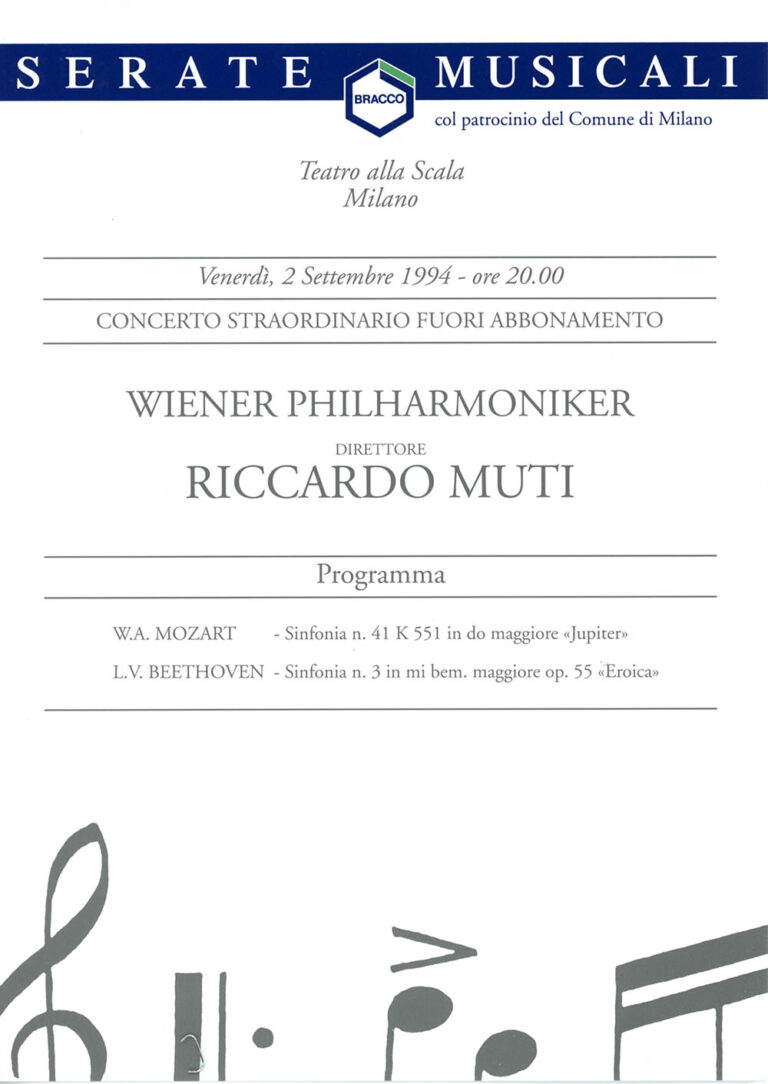 Programme for the extraordinary concert of Wiener Philharmoniker conducted by Riccardo Muti at Teatro alla Scala in Milan, 1994