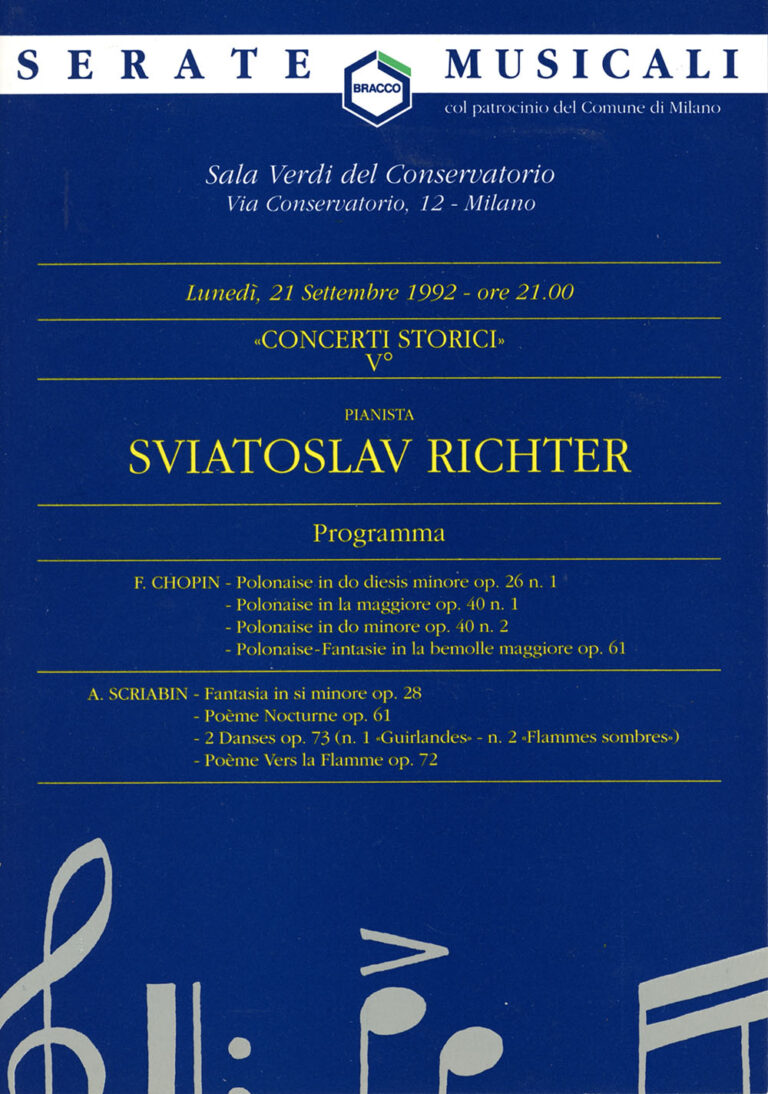 Programme of concerts performed by pianist Svjatoslav Teofilovič Richter at the Milan Conservatory in 1992