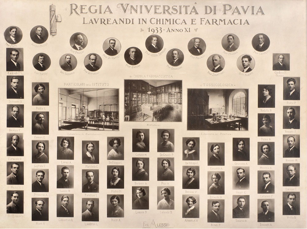 Graduating students of Chemistry & Pharmacy of Regia Università di Pavia, Pavia, 1933. Fulvio Bracco is fourth from the top in the leftmost row