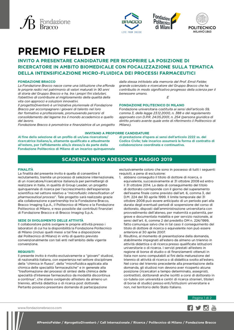 Bando per un posto da ricercatore di ambito biomedicale intitolato ad "Ernst Felder", Fondazione Bracco Milano, 2019