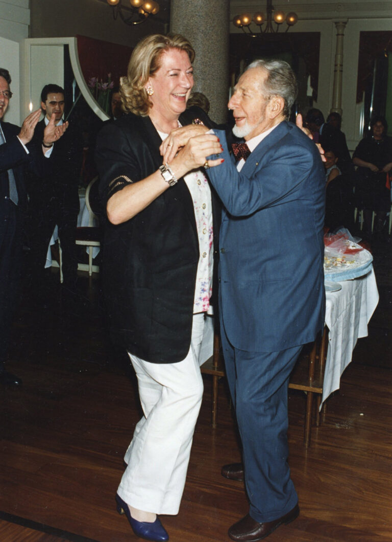 Diana Bracco dances with her father Fulvio while celebrating her birthday, 5 July 2001