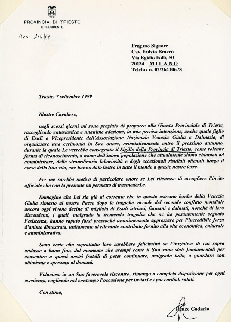 Lettera del Presidente della Provincia di Trieste, Renzo Codarin, relativa alla consegna del Sigillo della Provincia a Fulvio Bracco, 7 settembre 1999
