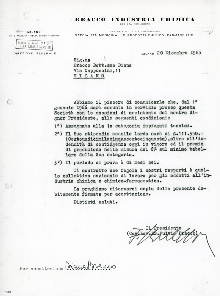 Lettera di assunzione della dottoressa Diana Bracco, 20 dicembre 1965