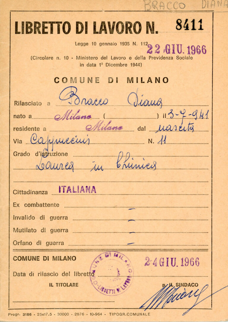 Diana Bracco's employment booklet, issued by the City of Milan, 24 June 1966