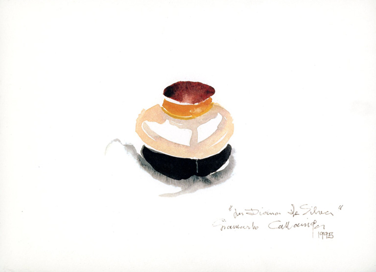 Divine perfume, artwork in watercolor by Giancarlo Cazzaniga for Diana de Silva, 1995