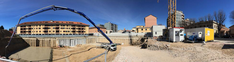 Panoramic view of the excavation phase during construction of the Roberto de Silva Civic Theater in Rho, December 2019