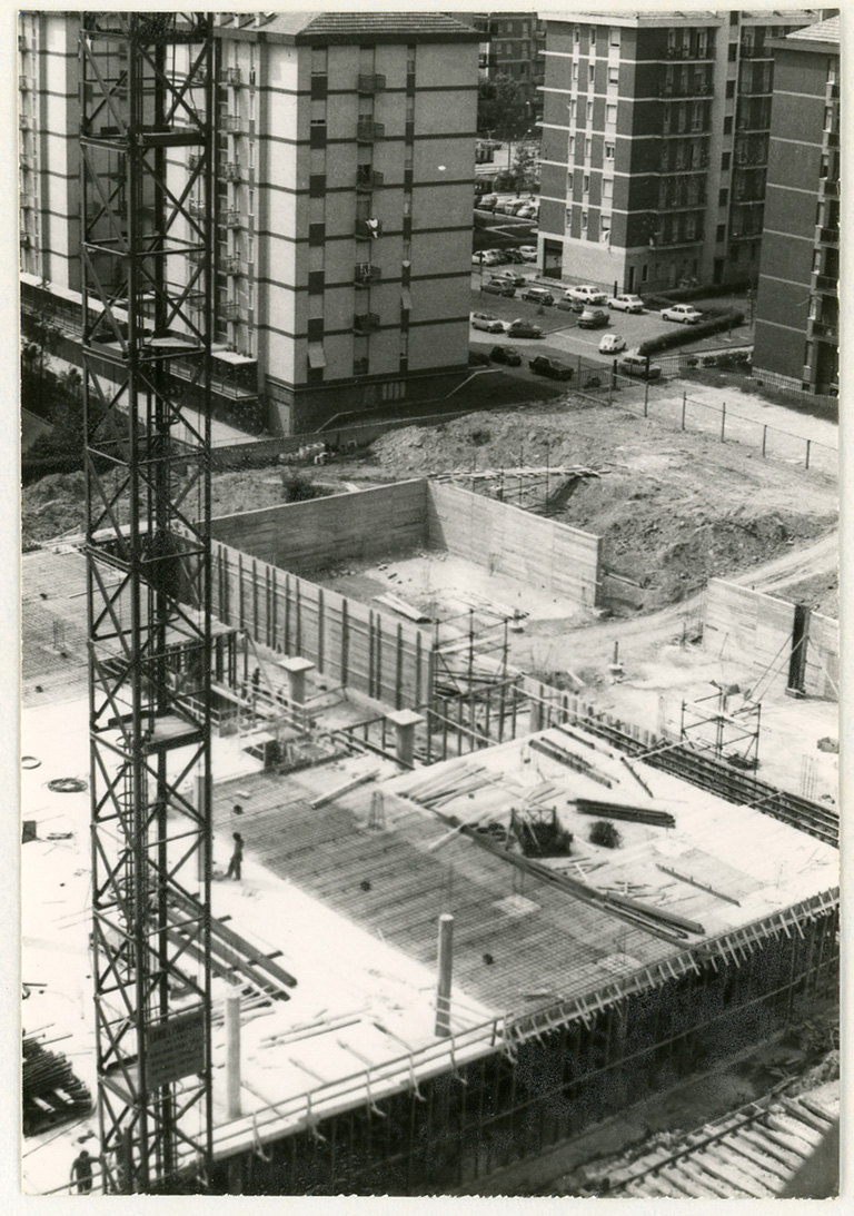 View of the building site during construction of the Italian Diagnostic Center on Via Saint Bon in Milan, 1973