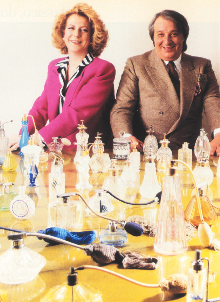 Roberto de Silva with his wife Diana Bracco and a perfume collection from Diana de Silva cosmètiques