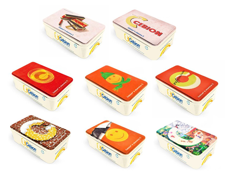 Le otto scatole celebrative, limited edition, prodotte in occasione degli 80 anni del Cebion, 2014